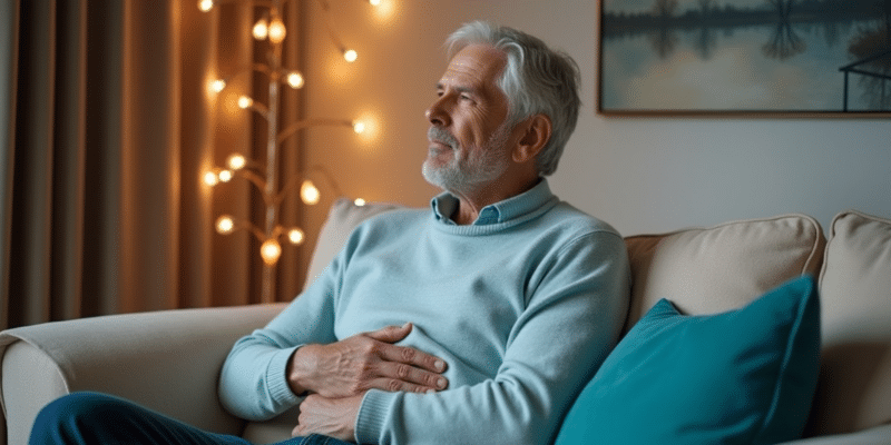 Mees koduses miljöös, käsi maksa kohal